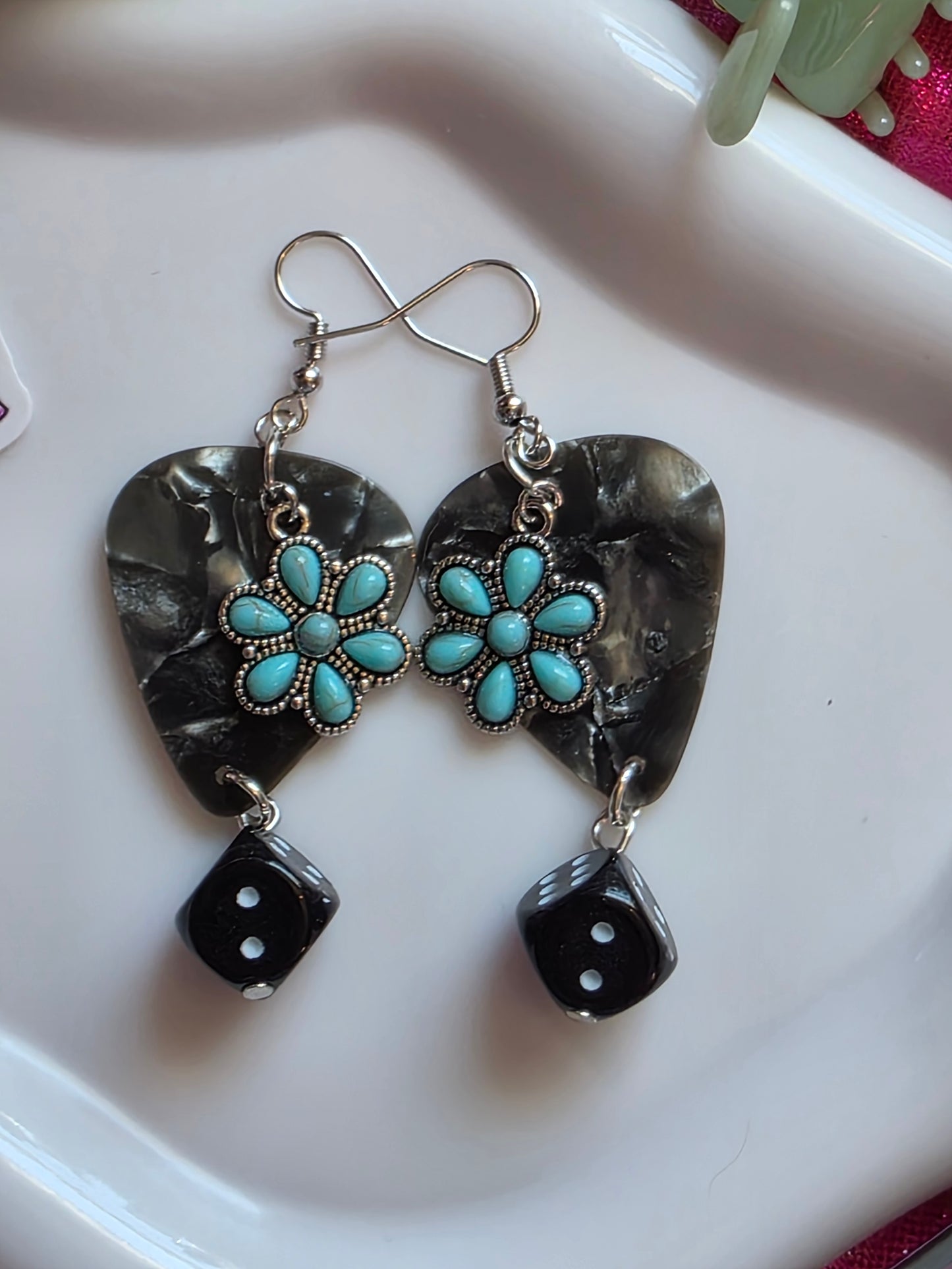 Lucky Bloom Guitar Pick Earrings 🎲🩵